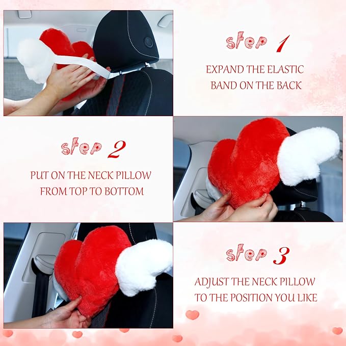 2 Pcs Plush Heart Shaped Pillow with Angel Wings Car Headrest Soft Comfortable Seat Pillow for Driving Travelling Room Office Car Decor, 19.7 x 8.3 Inch(Red)