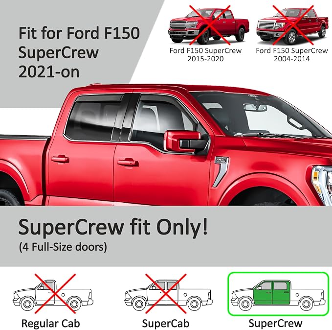 Voron Glass in-Channel Extra Durable Rain Guards for Ford F150 2021-2026 SuperCrew, Window Deflectors, Vent Window Visors, 4 Pieces - 200784