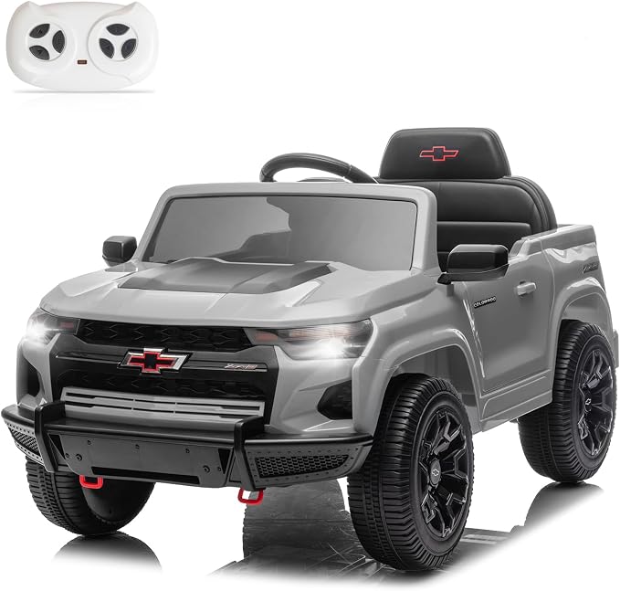 Licensed Chevrolet Colorado Electric Car for Kids, 12V Ride on Toys for Toddlers with Remote Control, Battery Powered Electric Car Ride On Vehicle w/Bluetooth, Soft Start, LED Lights - Gray