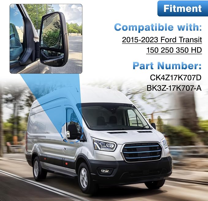 Passenger Right Side Upper & Lower Rearview Convex Heated Mirror Glass Replacement With Rear Holder fit Ford Transit 150 250 350 from 2015 to 2023