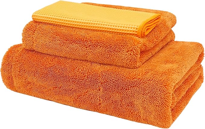 3 Pack Car Drying Towel, 24" x 36" Double Twisted Loop Car Drying Towels Extra Large, 16" x 16" Edgeless Microfiber Drying Towel and Absorbent Waffle Weave Towels for Cars Truck SUV, Orange
