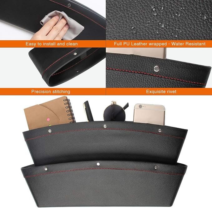 2 Set Car Seat Gap Organizer, Car Seat Gap Filler, PU Full Leather Car Seat Crevice Storage Box Universal Fit in Between Car Seat Catcher for Phone Keys Cards Pens Coins(Black)