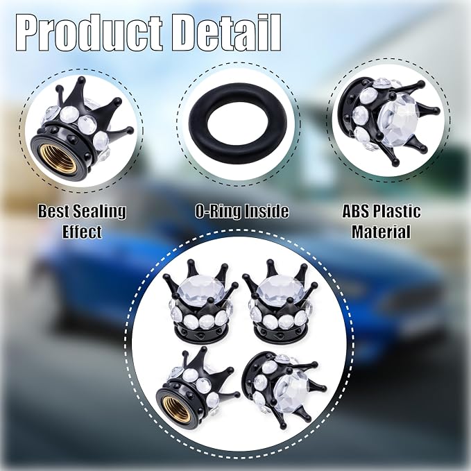4PCS Crown Bling Tire Stem Valve Caps, Crystal Diamond Car Wheel Tire Valve Caps Universal Copper Core Stem Covers for Cars, SUV, Trucks, Bikes, Motorcycles, Bicycles (Black & Silver)