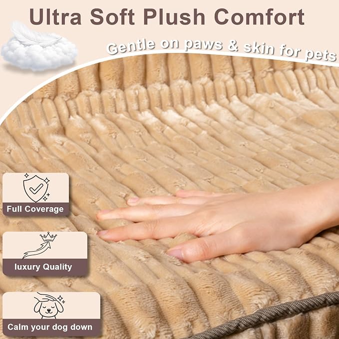Dog Car Seat Cover for Front Seat, Soft Plush Waterproof Pet Protector with Non-Slip Bottom, Full Coverage with Side Flaps, Against Hair, Dirt and Scratches for SUVs and Trucks (Tan, Front)