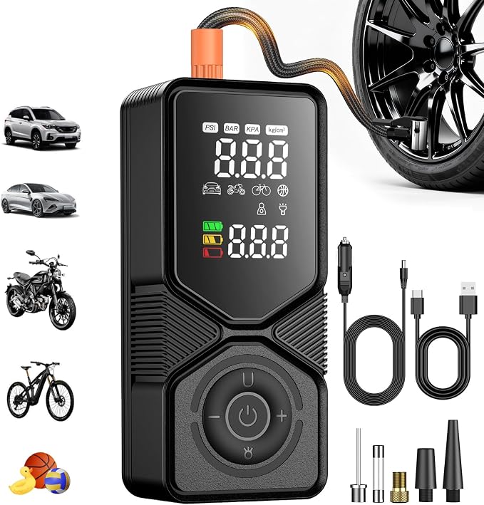 Portable Tire Inflator 150 PSI Cordless Air Compressor | 6000mAh Power Bank, 12V DC Dual Supply, Auto Shut-Off Digital Gauge, Adapters for Car, SUV, Motorcycle, Bike, Ball