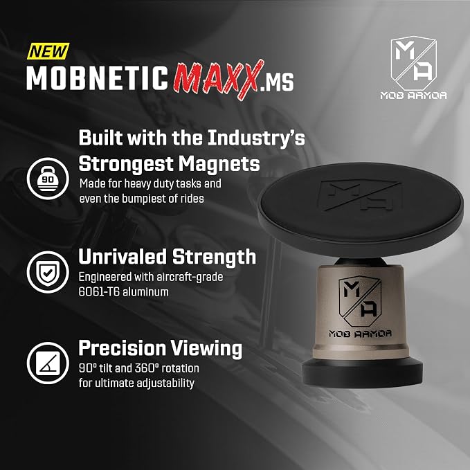 MobNetic Maxx MS - MagSafe Compatible Car Phone Mount w/ 90º Tilt, 360º Rotation & Durable Aluminum Build, Magnetic Holder for iPhone & Android Devices, USA Assembled - Gun Metal