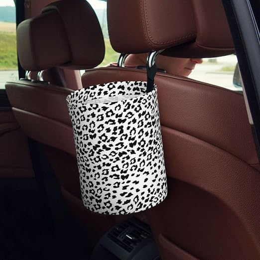 Car Trash Bag Snow Leopard Print Hanging Back of Seat Car Portable Trash Bag Snow Leopard Print Waterproof One-Handed Portable Strap Drawstring Garbage Bags 2 Pieces Car Coasters