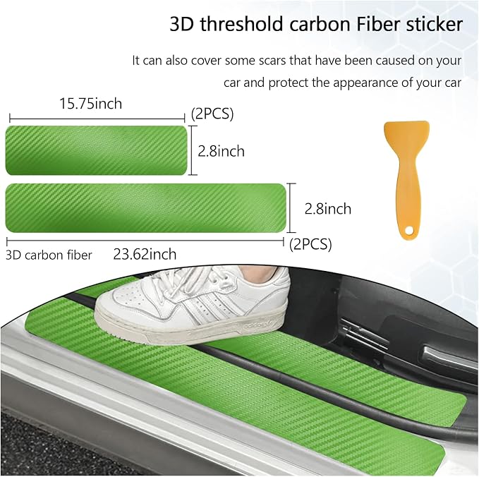 4 PCS Car Door Sill Protector, 3D Carbon Fiber Auto Door Entry Edge Guard Protection Trim, Anti-Scratch Threshold Cover Strips, Sill Protection Sticker for Car SUV Truck (Green)