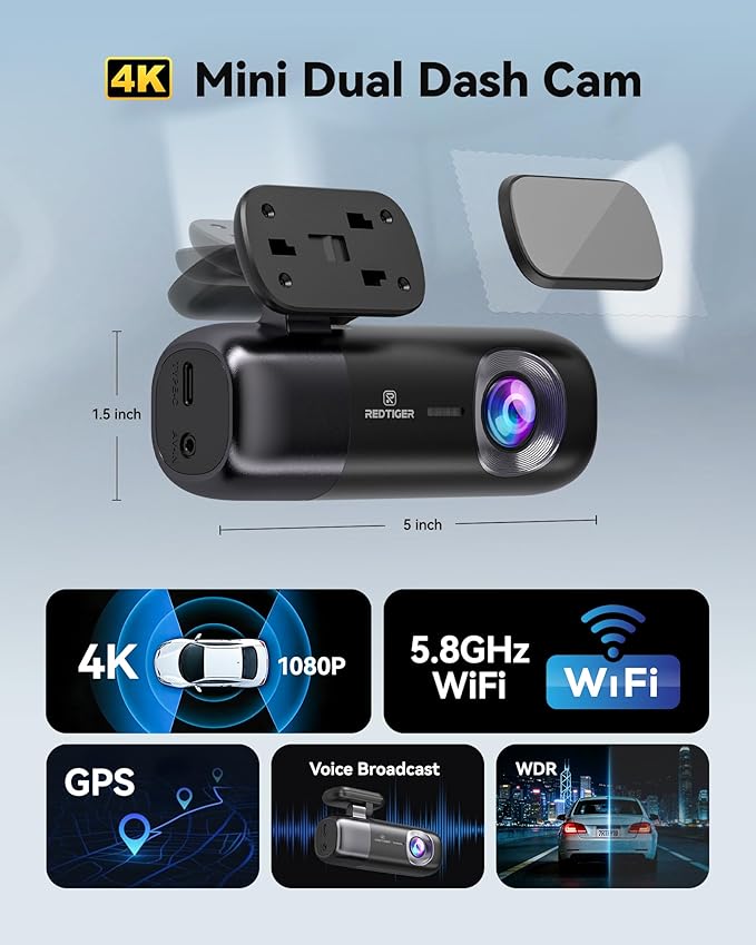 F9 4K Dash Cam Front and Rear 1080P, 5.8GHz WiFi & Smart App Control Car Camera, 2160P/FHD Wireless Dashcam for Cars with Precise GPS, WDR Night Vision, Loop Recording, 24H Parking Mode