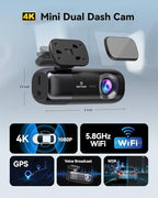 F9 4K Dash Cam Front and Rear 1080P, 5.8GHz WiFi & Smart App Control Car Camera, 2160P/FHD Wireless Dashcam for Cars with Precise GPS, WDR Night Vision, Loop Recording, 24H Parking Mode