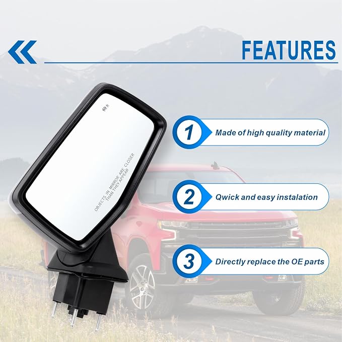 Right Passenger Side Mirror Compatible with 2019-2025 Chevy Silverado 1500 With Power Glass Manual Folding Temperature Sensor Turn signal Heated Blind Spot Black Replace#GM1321586(9Pins)