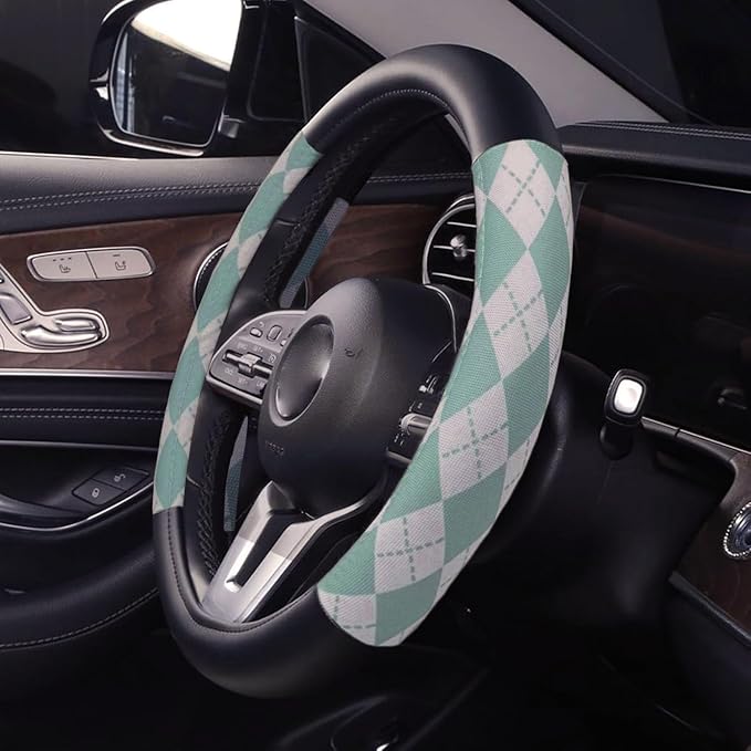 Lattice Car Steering Wheel Cover Microfiber Leather Non-Slip Comfort Universal 15 inch Checkered Plaid Wheel Protector for Truck, SUV, Cars (Green)