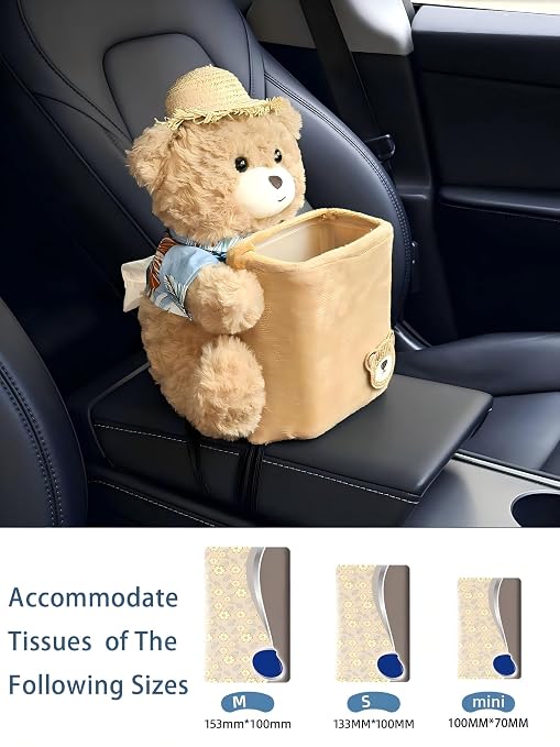 Cute Plush 2 in 1 Car Tissue Box and Trash Can Teddy Bear Tissue Box Plush Animals Cute Holder Plushie Multifunctional Organizer Creative Accessories for Women,Straw Hat Bear