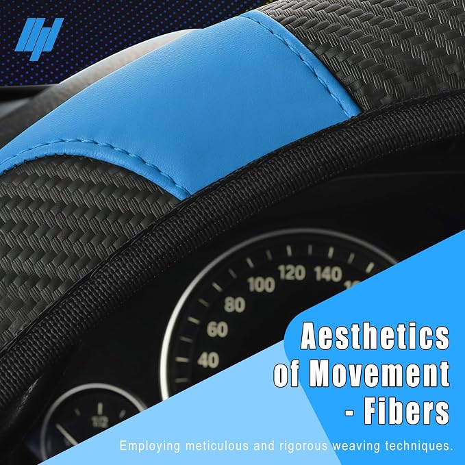 Leather Car Steering Wheel Cover, 15 Inch Anti-Slip Carbon Fiber Black Steering Wheel Cover, Universal Car Interior Accessories for Trucks Sedans SUVs (Black & Blue)