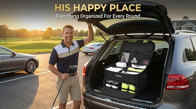 2 Layer Golf Trunk Organizer, Golf Gifts for Men with Separate Ventilated Compartment for 2 Pair Shoes, Waterproof Car Trunk Locker for Balls, Tees, Clothes, Gloves, Gifts for Golfers