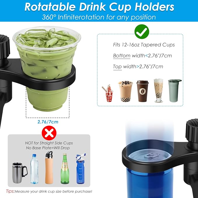 4-in-1 Car Cup Holder Expander, Universal Tray with Phone Mount for Truck | Compatible with 2.6"-3.94" cup holders. Large food tray fits snacks, drinks & devices.