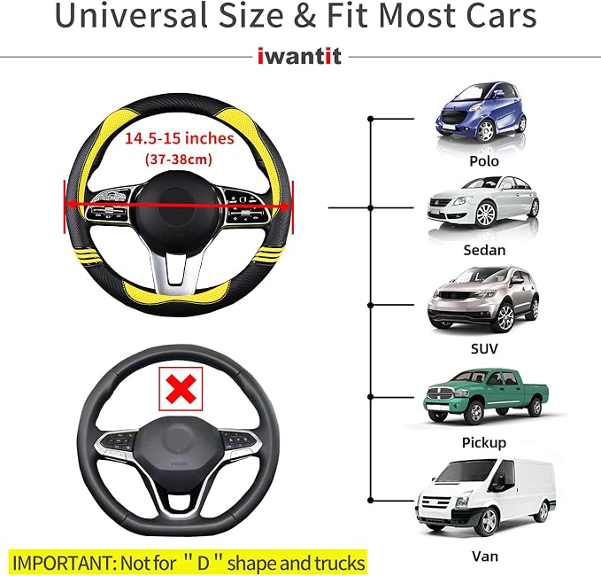 Steering Wheel Covers with Leather and Anti-Slip Rubber Ring, Universal Fit 14.5-15 inches for Cars,SUV (Yellow/Black)