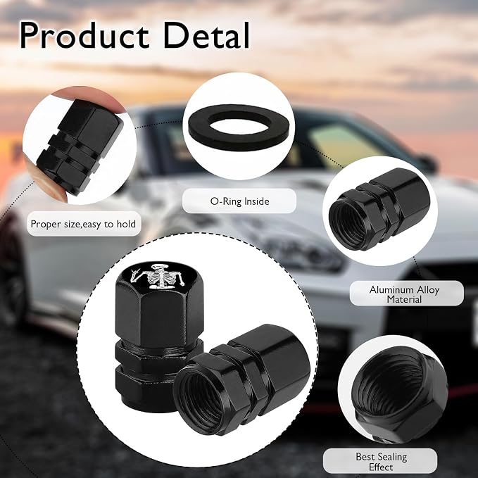 4Pack Skeleton Tire Valve Caps Universal Tire Air Cap Valves Stem Covers | Aluminum Alloy Rust-Proof Valve Stem Caps, for Auto SUV Truck Motorcycle Bicycle, Terror Skull Gifts for Women Men Drivers