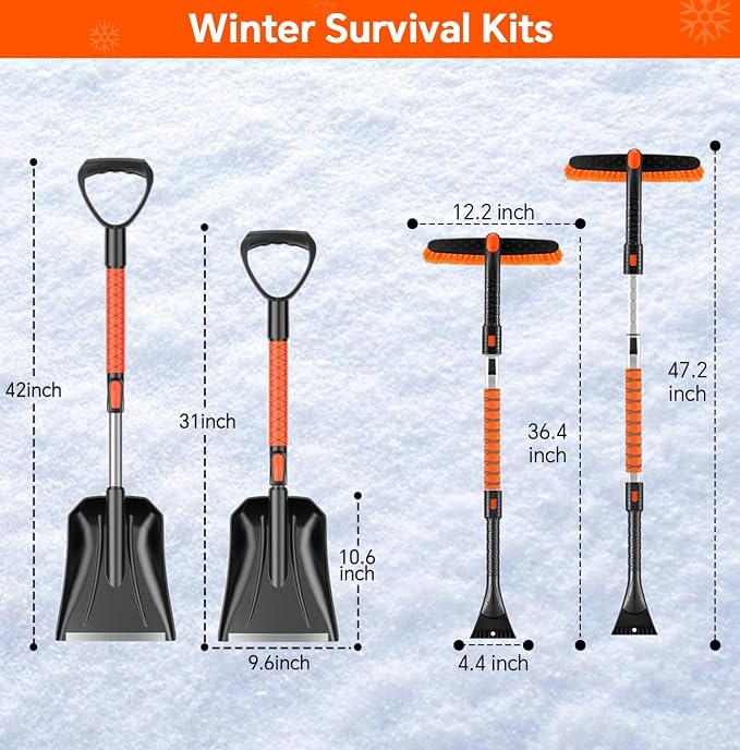 7 in 1 Snow Shovel & Snow Brush Kit, 47.2" Ice Scrapers & Snow Shovel Kit, Car and 360° Pivoting Car Scraper Snow, 7 in 1 Extendable Snow Brush with Foam Grip Glove.