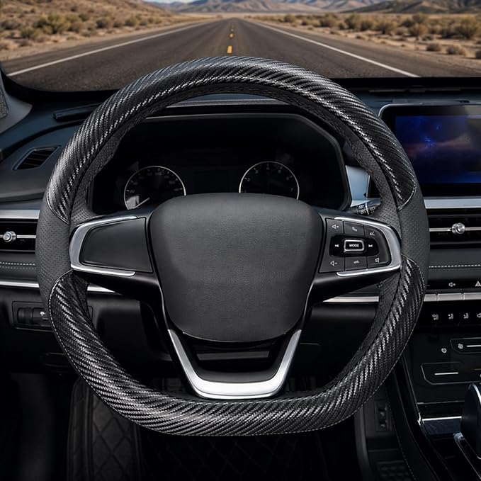 D Shaped Steering Wheel Cover, Flat Bottom Car Wheel Cover 14 1/2-15 inch (37-39 cm), Non-Folding Packaging, Microfiber Leather, Black with Carbon Fiber Pattern