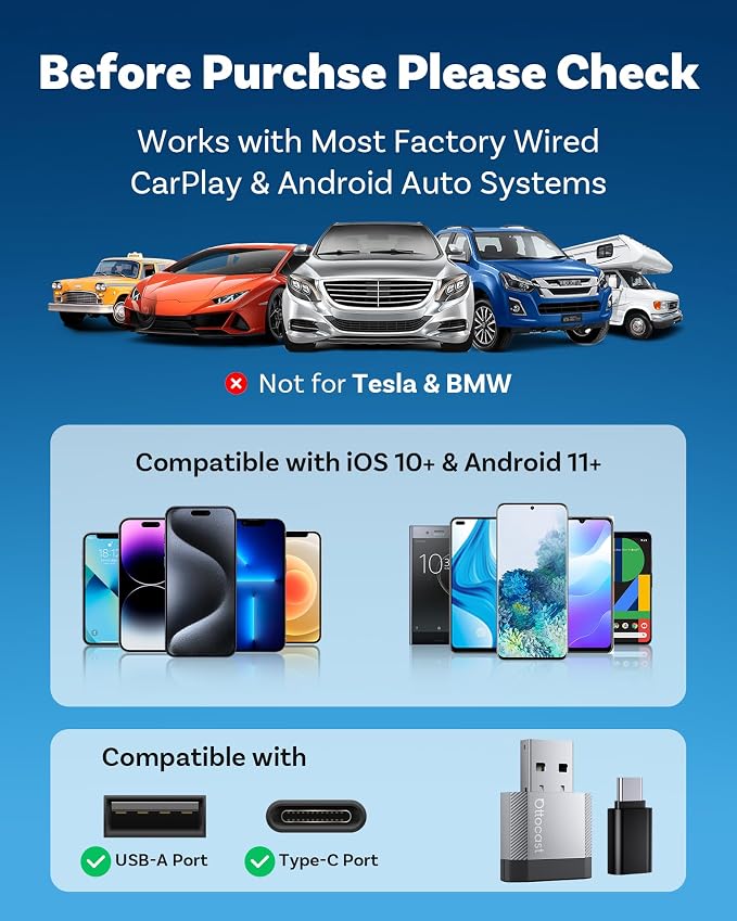 OTTOCAST Mini Nova, 2 in 1 Wireless Carplay & Android Auto Adapter, Plug & Play 2026 Upgraded with AI Assistance (Claude, Gemini, ChatGPT)