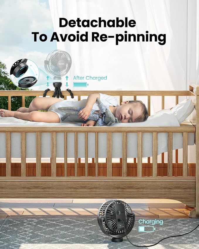 Mini Portable Stroller Fan, Battery Operated Small Clip on, Detachable 3 Speed Rechargeable, 360° Rotate Flexible Tripod Better Cooling for Car Seat Crib Treadmill Travel Black