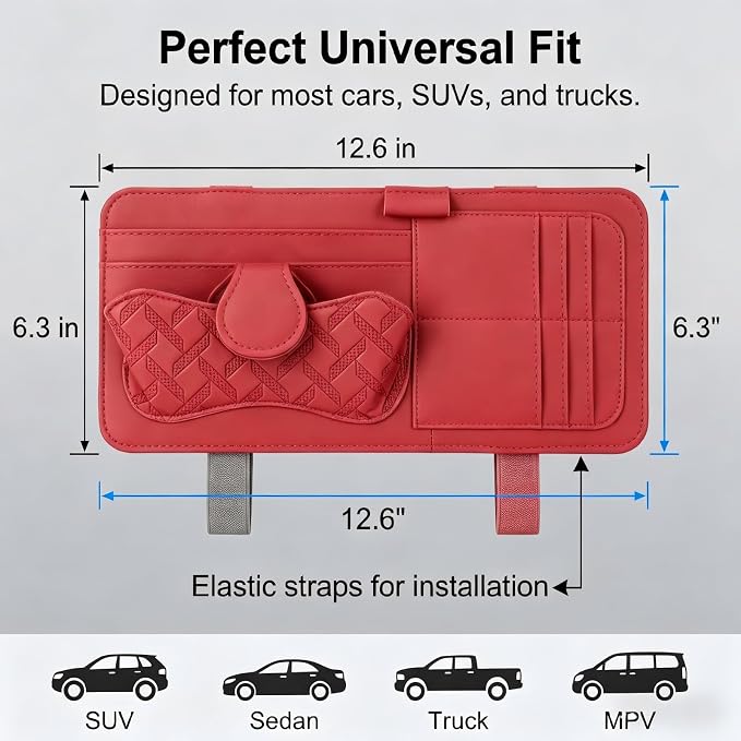 Car Sun Visor Organizer, Multi-Pocket Visor Storage Pouch for Sunglasses, Cards, Pens, Document, Waterproof Leather Auto Interior Organization Accessories, Universal for Most Cars (Red)
