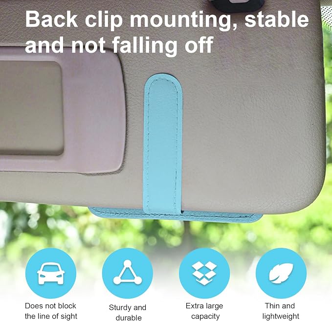 Small Leather Car Sun Visor Organizer, Multifunctional Auto Visor Document Holder with Sunglasses Clip, Universal Car Interior Organizer for Drving License, Card, Pen (Blue)