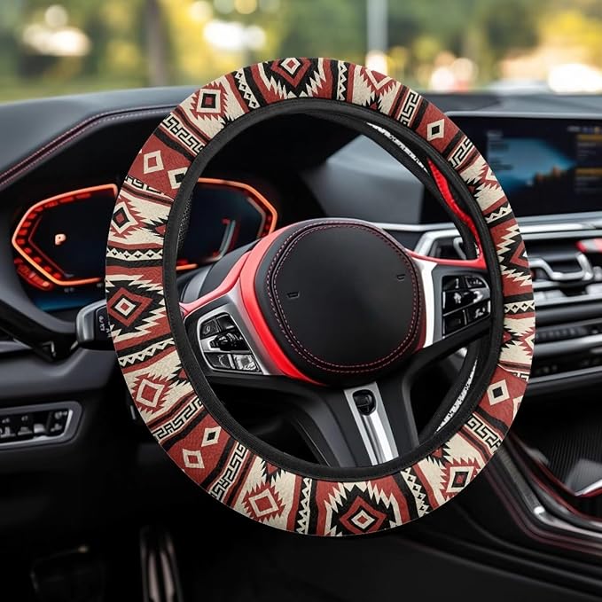 Car Steering Wheel Cover Universal Fit SUV Truck Van, Anti-Skid Soft Stretchy All Weather Protection Auto Decor Accessories, Southwest Aztec Red Beige