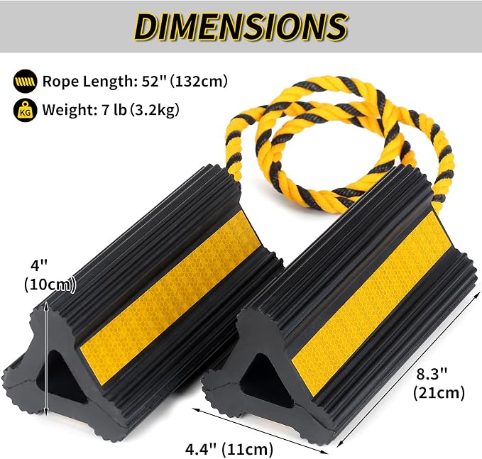 Heavy Duty Rubber Wheel Chocks, 1 Pair, 8.3" L x 4.4" W x 4" H, Non-Slip Tire Stopper Blocks with Rope, for RV Camper Travel Trailers Motorhome Aircraft Car Truck