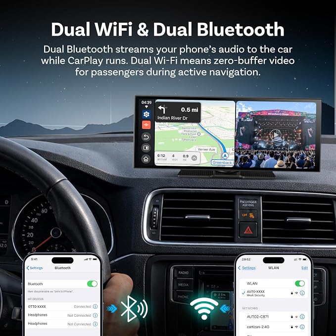 OTTOCAST ScreenFlow 11.4" Wireless Apple CarPlay & Android Auto Screen | Pre-installed Netflix/YouTube, HD Split-Screen, 1080P Backup Camera, Dual WiFi & Bluetooth | Universal for Car/SUV/Truck