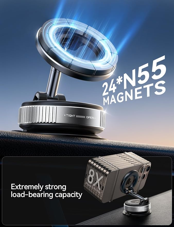 Magsafe Car Mount, Vacuum Car Phone Mount with Strong Magnet, 360° Metal Strut Suction Cup Phone Mount for iPhone 17 Pro Max/16 15 14 13 12 Series& Android Magsafe Case,Silver