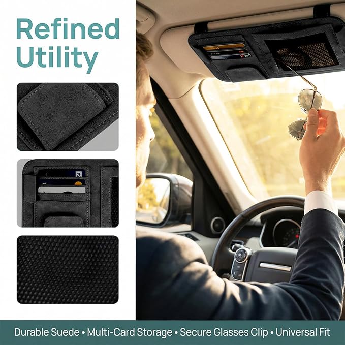 Car Sun Visor Organizer, Multi-Pocket Vehicle Sun Visor Storage Pouch with Sunglasses Clip, Auto Interior Sunshade Eyeglasses Card Holder Organizers, Universal for SUV Sedan Truck (Black)