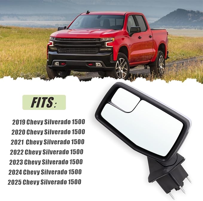 Left Driver Side Mirror Compatible with 2019-2025 Chevy Silverado 1500 With Power Glass Manual Folding Heated Without Turn signal Replace#GM1320583(5Pins）