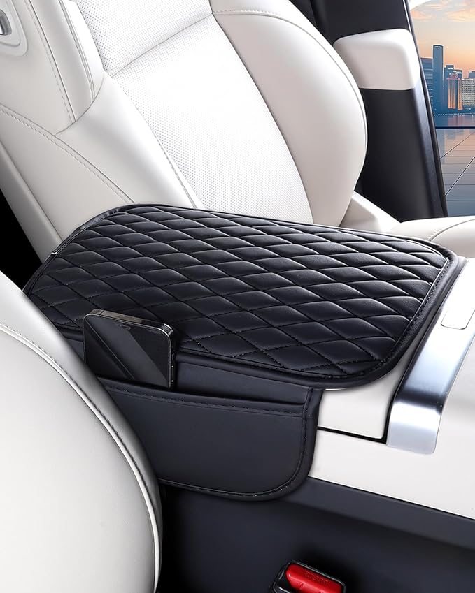 [Upgraded] Car Center Console Cover with 2 Storage Bags - Premium Nappa Leather Armrest Cover, Scratch & Wear Resistant, Waterproof Car Interior Accessories (Black)