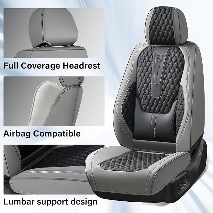 Coverado Car Seat Covers Full Set, Nappa Leather Seat Covers, Waterproof Car Seat Protector with Lumbar Support, Automotive Seat Covers Universal Fit for Most Cars SUV Trucks (Black-Gray)