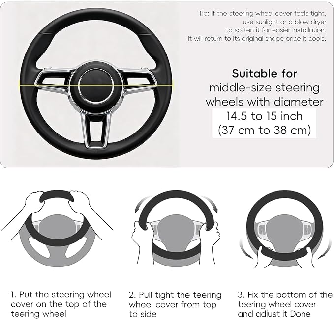 Microfiber Leather Steering Wheel Cover, Breathable Anti Slip Universal 14.5-15 inch Car Interior Accessories for Women Men, Black