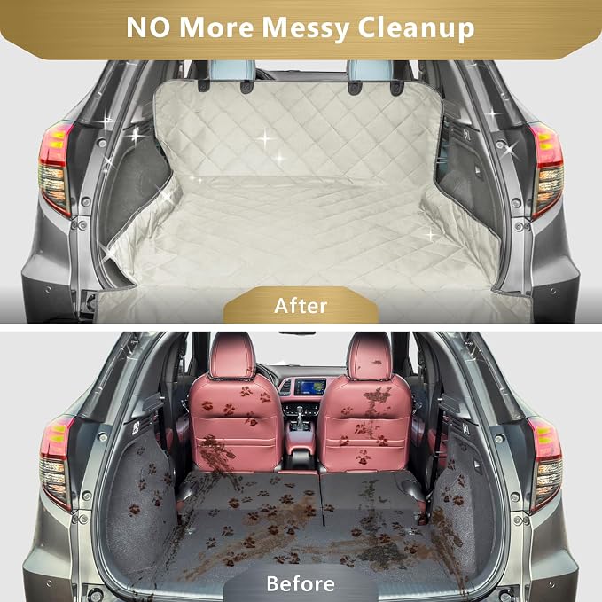 SUV Cargo Liner for Dogs, Water Resistant Pet Cargo Cover Dog Seat Cover Mat for SUVs Sedans Vans with Bumper Flap Protector, Non-Slip, Large Size Universal Fit, Beige