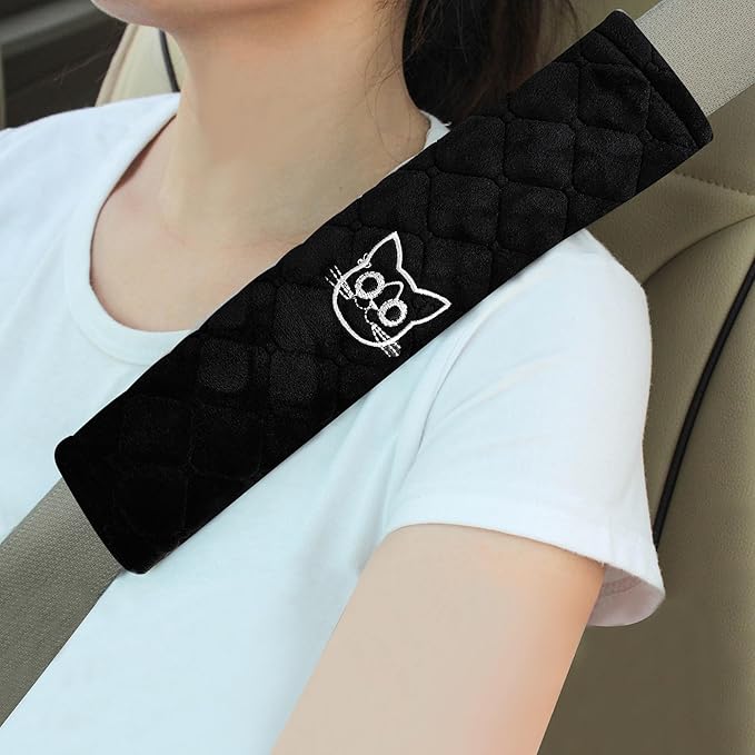 Soft Auto Seat Belt Cover Seatbelt Shoulder Pad Cushions 2 PCS for a More Comfortable Driving Universal Fit for All Cars and Backpack Black Cat
