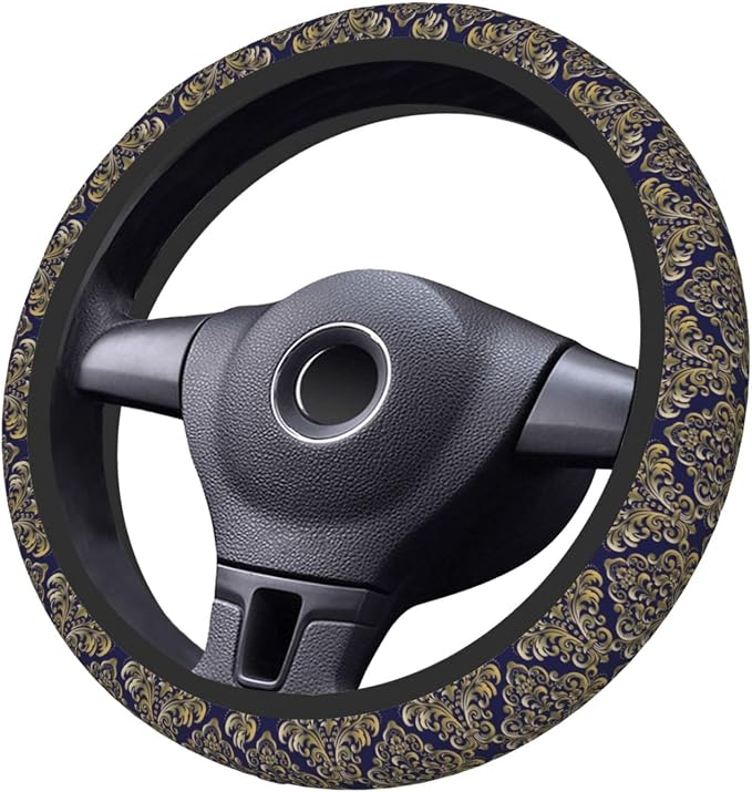 Floral Steering Wheel Cover Car Elastic Steering Wheel Protector | Blue Gold Anti-Slip Breathable Car Accessories Interior for Women Men Universal 15 Inch Fit Auto SUVs Vans Truck