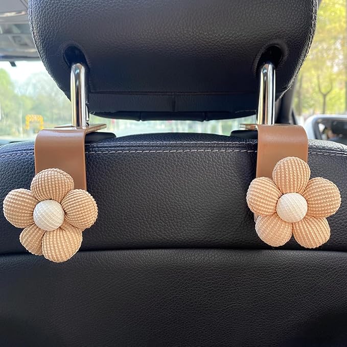 4PCS Car Headrest Hooks, Cute Flower Vehicle Seat Organizer Hooks for Purses and Bags, Portable Automotive Purse Hanger Holder Decoration, Universal for SUV, Sedan, Truck (Orange/Brown)