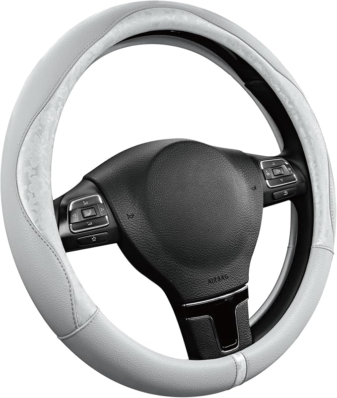 Steering Wheel Cover, Silver Patterned Leather Patchwork Design, Universal Fit 14.5"–15.5", Anti-Slip, Odor-Free, Soft PU Grain Leather, Durable Grip Car Accessory for Girls & Women