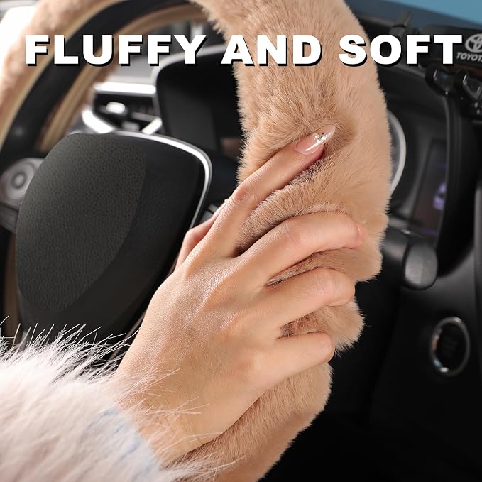 Furry Car Steering Wheel Cover with Gear Shift Cover, Soft and Warm, Cute Fluffy Auto Decor for Women Men, Standard Size, 2 PCS Set, Khaki