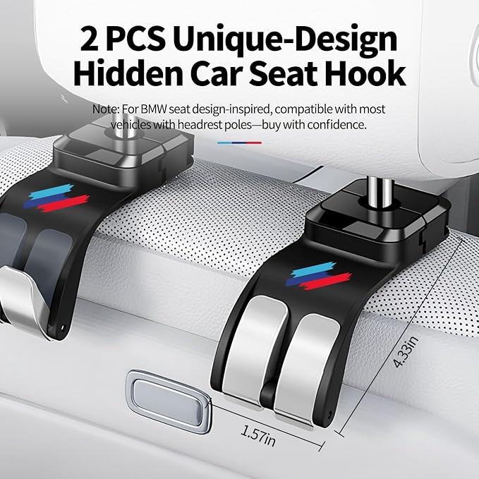 2 PCS Car Headrest Hook Safe Foldable Hidden Seat Hooks, Strong Load Capacity ABS Seat Hanger for Purse Bag Bottle Storage Organizer, for BMW 3 4 5 X1 X3 X5 Accessories with Sporty 3-Color Logo