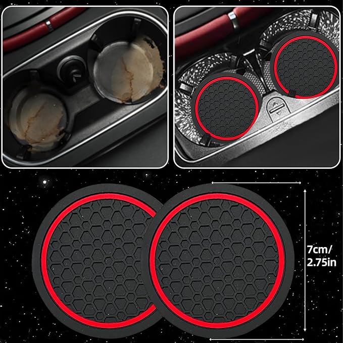 6 Pcs Red Car Accessories Set, Sport Leather Steering Wheel Cover 14.5-15inch Universal, Microfiber Leather Car Center Console Cover, Seat Belt Cushion, Cup Holder Coaster (Black-Red)