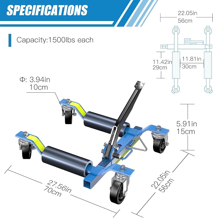Car Wheel Dolly Jack 2 Set,1500LBS Capacity Mechanical Car Dolly Lifter with Foot Pedal and Steel Rollers,Ratchet Type Skate Wheel Jack with Reflective Tape,for Vehicle Lift Positioning,Blue