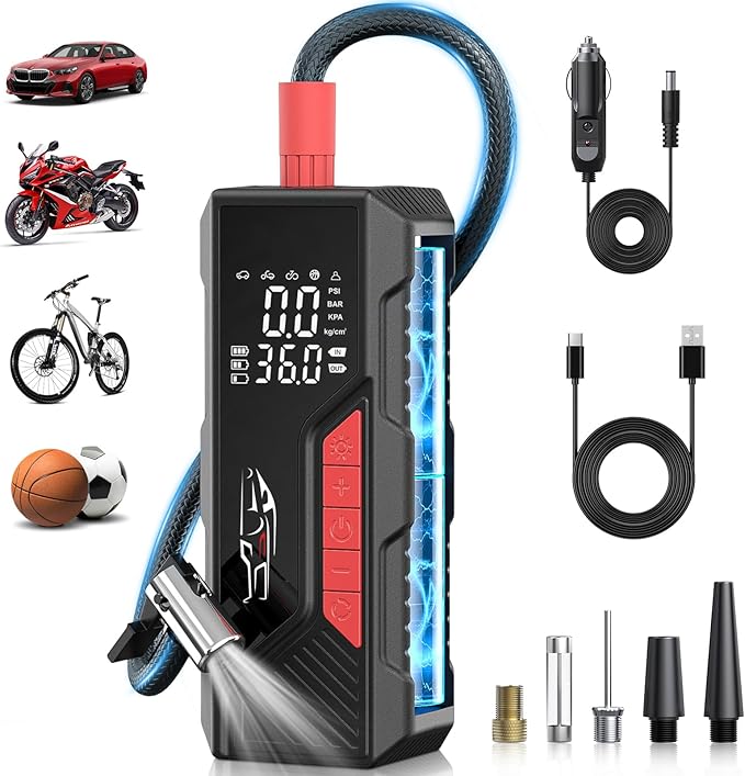 Dual Power Tire Inflator Portable Air Compressor, 12V DC & Battery Air Pump | 150PSI, Cordless, Pressure Gauge, Auto Shutoff, LED Light, One-Click Start, for Car, Motorcycle, Bike, Sports Ball