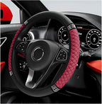 Bling Car Steering Wheel Cover, 15 Inch Sparkly Rhinestone Soft Leather Steering Wheel Protector, Non-Slip Universal Auto Elastic Steering Wheel Covers for Women Girls (Wine Red)
