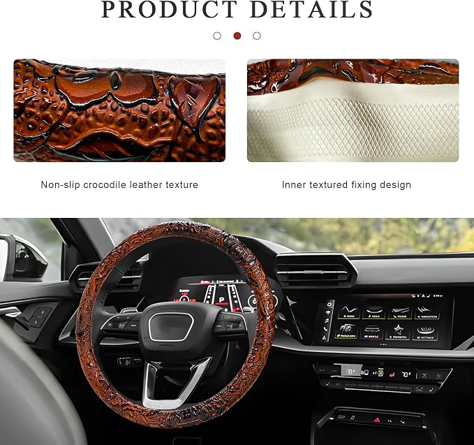 Sun Walker Leather Car Steering Wheel Cover, 15" Anti-Slip Crocodile Pattern Wheel Protector with Rose Grain, Comfortable Grip Steering Wheel Protector Universal for Cars SUVs Trucks (Brown)