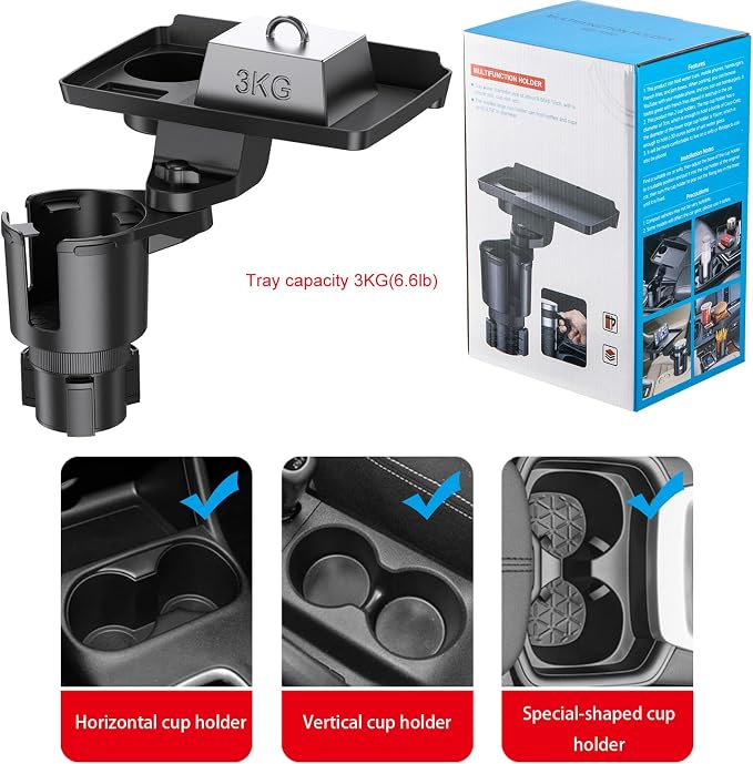 Cup Holder Tray, Detachable 360° Rotatable w/Phone Mount, Fits 2.6‑3.9 Inch | Car Cup Holder Long Road Trip Essentials Travel Patrol Accessories Drink Holder Organizer for Semi Truck Rv